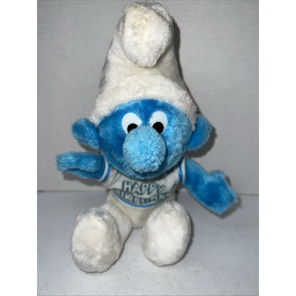 Vtg PEYO 1979 Smurf Plush Schleich 10" "Happy Birthday" Blue Cartoon Smurfs